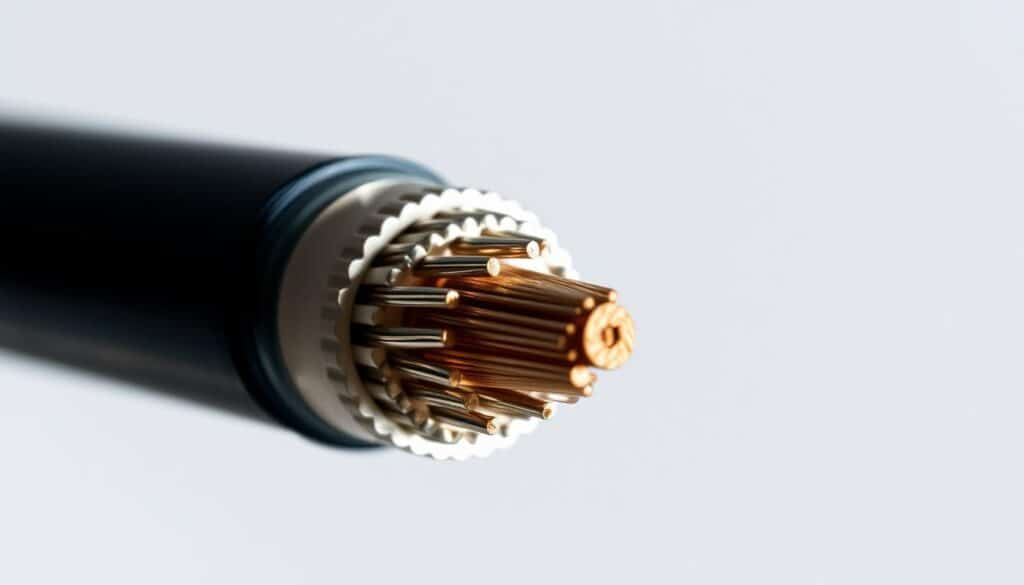 A close-up view of a coaxial cable in a well-lit, high-contrast scene. The cable's cylindrical body is shown in great detail, with the inner conductor, dielectric insulation, and outer shielding layer clearly visible. The texture and metallic sheen of the components are captured with precision. The cable is positioned against a neutral, out-of-focus background, allowing the object to be the sole focus of the image. Subtle shadows and highlights accentuate the cable's three-dimensional form, conveying a sense of depth and materiality. The overall impression is one of technical precision and visual clarity, suitable for illustrating a section on electrical cable types. A close-up view of a coaxial cable in a well-lit, high-contrast scene. The cable's cylindrical body is shown in great detail, with the inner conductor, dielectric insulation, and outer shielding layer clearly visible. The texture and metallic sheen of the components are captured with precision. The cable is positioned against a neutral, out-of-focus background, allowing the object to be the sole focus of the image. Subtle shadows and highlights accentuate the cable's three-dimensional form, conveying a sense of depth and materiality. The overall impression is one of technical precision and visual clarity, suitable for illustrating a section on electrical cable types.