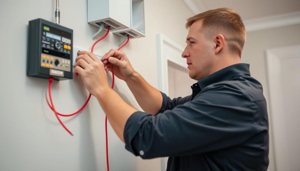 Profissional instalando cabo de alarme em um sistema de segurança residencial Profissional instalando cabo de alarme em um sistema de segurança residencial