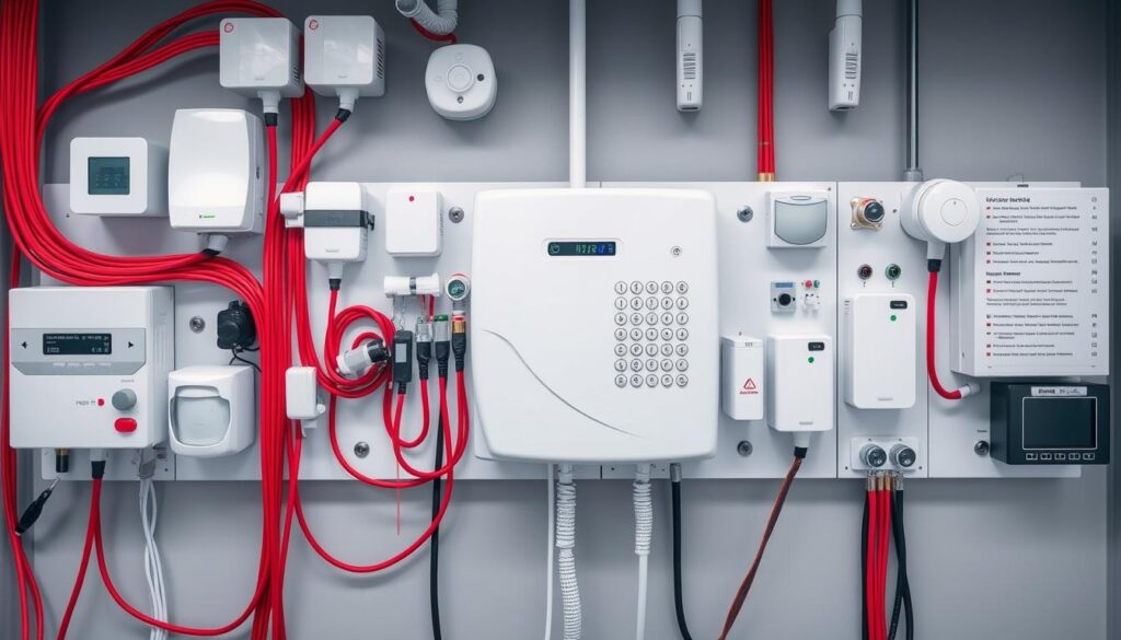 Sistema de alarme completo com cabo de alarme conectando todos os componentes Sistema de alarme completo com cabo de alarme conectando todos os componentes