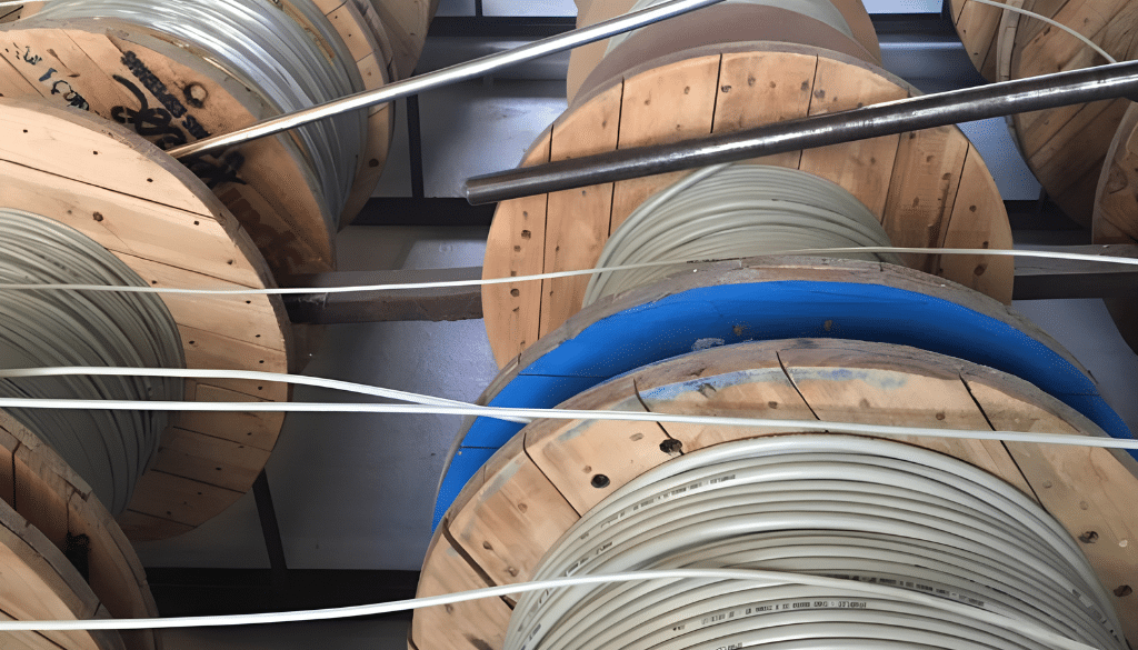 Diferentes tipos de cabo manga organizados em bobinas-conduscobre