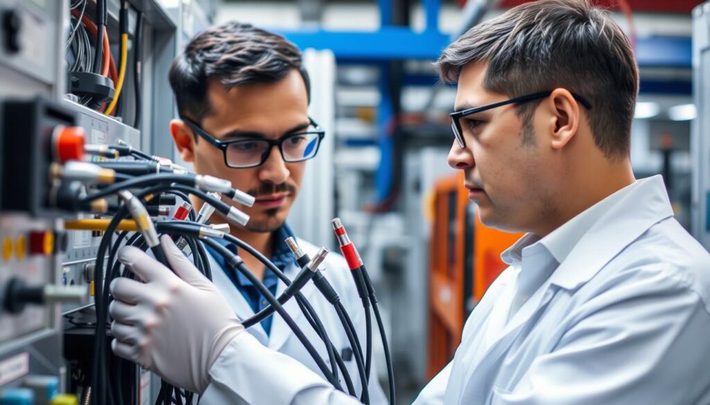 Técnico especialista analisando diferentes tipos de cabos de controle Técnico especialista analisando diferentes tipos de cabos de controle
