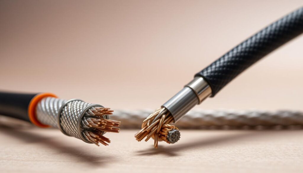A detailed, high-quality image of shielded electrical cables, their metallic braided and foil jackets clearly visible, laid out against a neutral background with subtle lighting and soft focus to highlight their intricate construction and protective properties. The cables are positioned in the foreground, with a clean, uncluttered middle ground and a slightly blurred background, creating a sense of depth and focus on the subject. The overall atmosphere conveys a technical, industrial feel, showcasing the importance and functionality of these specialized cables in electromagnetic environments.