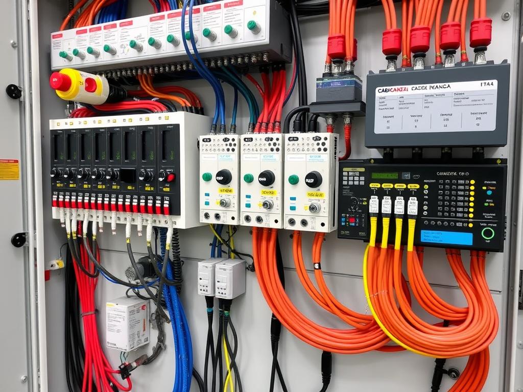 Cabo Manga em painel de controle industrial com múltiplas conexões