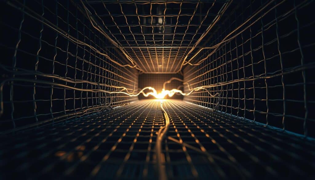 electromagnetic interference surrounded by a metallic mesh grid, creating a shielded environment, with a glowing electrical current running through the center, illuminating the scene with a warm, ethereal glow, shot with a wide-angle lens from a low angle, creating a sense of scale and immersion, set against a dark, moody background to emphasize the importance of shielded cables in electromagnetic environments