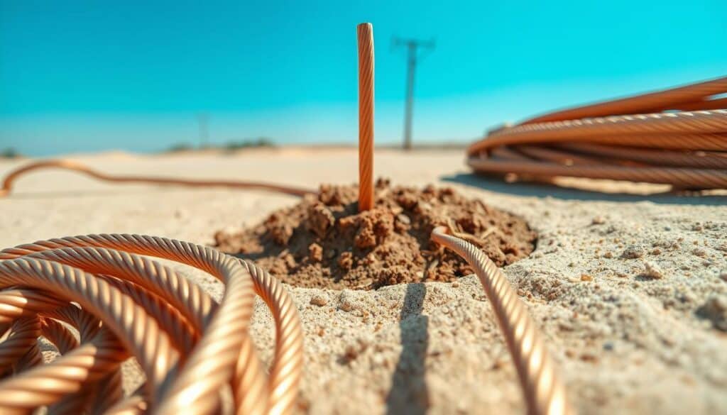 A detailed illustration of an electrical grounding system featuring exposed copper wire, highlighting its practical applications. In the foreground, showcase neatly arranged lengths of bare copper cables, with intricate details of their twisted strands reflecting light. In the middle ground, depict a grounding rod connected to the copper wire, embedded in sandy soil, demonstrating its functionality. The background should feature a clear blue sky and a distant utility pole, symbolizing connectivity and stability. The scene is well-lit, creating a bright and professional atmosphere, with soft shadows adding depth. The perspective is slightly angled to enhance the dimensionality of the components, focusing on the interplay between the materials. The overall mood is informative and technical, inviting viewers to appreciate the importance of copper grounding systems.