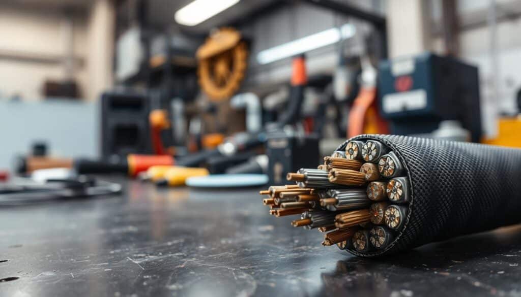 A close-up view of an armored electric cable (cabo elétrico blindado) lying on a workbench, highlighting its robust outer casing and intricate internal wiring. In the foreground, the focus is on the textured surface of the cable, showcasing its metallic shielding and durable insulation. The middle ground features various tools and electrical components, creating a workshop environment. The background has a blurred backdrop of a modern industrial setting, with soft, ambient lighting that emphasizes the cable’s details. Use a shallow depth of field to draw attention to the cable while maintaining a professional and technical atmosphere. The overall mood is informative and focused, suitable for an educational context on electrical engineering.
