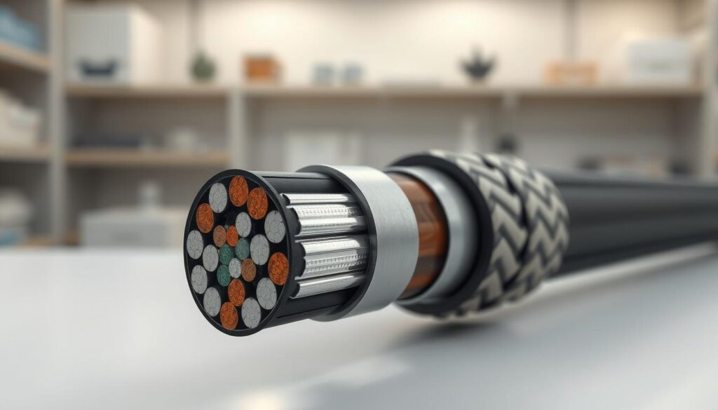 A detailed illustration of the components of an armored cable, showcasing the intricate layers and materials. In the foreground, a cross-section view of the cable reveals various elements: a central conductor, insulation made from durable rubber, various shielding layers including metallic foil and braided armor for protection. In the middle ground, include a realistic depiction of the protective outer sheath, textured to show its ruggedness. The background features a subtle laboratory setting with soft, focused lighting that accentuates the cable's details, giving a sense of technical precision. Use a macro lens perspective to highlight the texture and finer aspects, creating an informative and professional atmosphere suitable for educational purposes. The overall mood should convey clarity, professionalism, and technical sophistication.