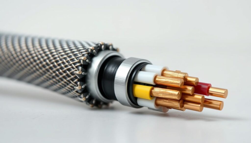 A close-up view of a high-quality cable shield, showcasing its intricate design and metallic texture. In the foreground, display the cable with a focus on the shield layer, highlighting details like the woven metal mesh and insulation. In the middle ground, include a section of the cable exposing the layers beneath the shield, revealing colorful wires and insulation materials. The background should be softly blurred to emphasize the cable, featuring a light grey or white surface that conveys a clean, technical environment. Use natural, diffused lighting to enhance the metallic sheen of the shield and maintain a professional atmosphere, evoking a sense of innovation and reliability in technology. A close-up view of a high-quality cable shield, showcasing its intricate design and metallic texture. In the foreground, display the cable with a focus on the shield layer, highlighting details like the woven metal mesh and insulation. In the middle ground, include a section of the cable exposing the layers beneath the shield, revealing colorful wires and insulation materials. The background should be softly blurred to emphasize the cable, featuring a light grey or white surface that conveys a clean, technical environment. Use natural, diffused lighting to enhance the metallic sheen of the shield and maintain a professional atmosphere, evoking a sense of innovation and reliability in technology.