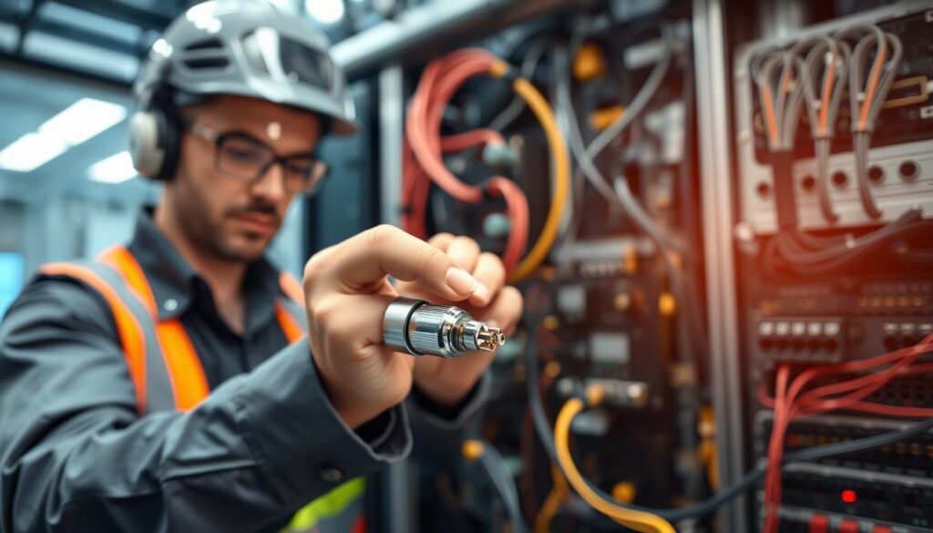 A close-up view of a professional technician working in a high-tech environment, adjusting a shielded cable to demonstrate its effectiveness in reducing electromagnetic interference. In the foreground, the technician, dressed in safety gear and a business casual shirt, inspects a sleek, modern shielded cable with visible metallic shielding layers. The middle ground features a complex arrangement of electronic devices and wiring, showcasing the intricate setup where the cable is utilized. In the background, soft, diffused lighting creates a sharp contrast against a softly blurred backdrop of high-tech equipment, emphasizing the importance of shielding in maintaining signal integrity. The atmosphere conveys focus and precision, highlighting the benefits of using shielded cables in professional settings. A close-up view of a professional technician working in a high-tech environment, adjusting a shielded cable to demonstrate its effectiveness in reducing electromagnetic interference. In the foreground, the technician, dressed in safety gear and a business casual shirt, inspects a sleek, modern shielded cable with visible metallic shielding layers. The middle ground features a complex arrangement of electronic devices and wiring, showcasing the intricate setup where the cable is utilized. In the background, soft, diffused lighting creates a sharp contrast against a softly blurred backdrop of high-tech equipment, emphasizing the importance of shielding in maintaining signal integrity. The atmosphere conveys focus and precision, highlighting the benefits of using shielded cables in professional settings.