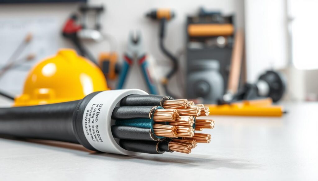 A close-up image of a 2x1.5 mm² fire-resistant cable, showing its insulation, copper conductors, and structural details. The cable should be placed on a clean, professional workspace, with tools like wire strippers and a safety helmet nearby, to reflect an industrial setting. The foreground highlights the cable's texture and electrical ratings, while the middle ground softly blurs into a workspace backdrop of minimalistic tools and equipment. Use soft, natural lighting to create a calm and focused atmosphere, with shadows to enhance the three-dimensionality of the cable. The angle should be slightly tilted to give a dynamic view of the cable's profile, emphasizing its robust build and fire resistance features.