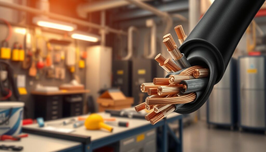 A detailed and technical illustration showcasing a 2x1.5 mm² fire-resistant cable, prominently displayed in the foreground. The cable should be shown with a close-up view, emphasizing its robust insulation and multi-stranded copper core. Capture the metallic sheen of the copper wires, highlighting their intricate design. In the middle ground, feature a softly blurred industrial workspace with tools and safety equipment, conveying a professional environment. The background should include a subtle hint of electrical boards and wiring, softly illuminated by warm, indirect lighting to create a focused and informative atmosphere. Use a shallow depth of field to enhance the cable's prominence and technical details. No text or logos should be present in the image.
