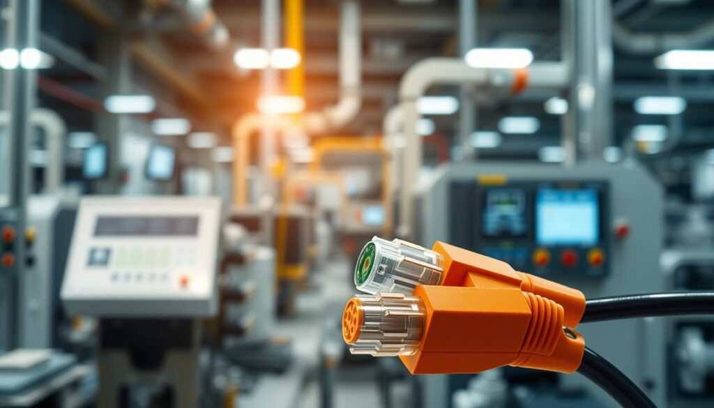 A detailed close-up of an AFD cable for industrial automation, showcasing its robust design and intricate connectors, in the foreground. The cable should have a glossy finish, with distinct colors representing its functionality. In the middle ground, a blurred industrial setting featuring machinery and control panels to emphasize the application of the AFD cable in automation. The background should include soft lighting focusing on the cable, creating a professional and technical atmosphere, with a slight depth of field effect. The image should evoke a sense of innovation and reliability, capturing the essence of industrial automation technology. No text or labels included.