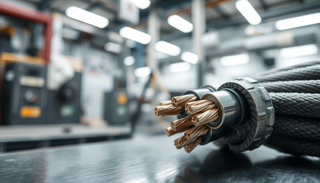 A detailed close-up view of an industrial AFT cable, showcasing its sturdy insulation and metallic connectors. The foreground features the cable coiled on a clean, metallic workshop surface, with a soft focus highlighting the texture of the wire and the individual strands within. In the middle ground, include a subtle hint of machinery or control panels, slightly out of focus to add context without distraction. The background shows a blurred industrial setting with soft, diffused lighting illuminating the cable and surroundings, creating a professional and technical atmosphere. The angle is slightly tilted from above to emphasize the cable's structure. The image conveys a sense of precision and reliability, ideal for illustrating the concept of AFT cables in an industrial context.