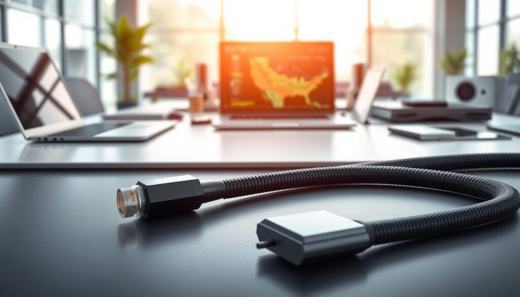 A detailed illustration of a Cabo AFD (Advanced Flexible Data Cable) laid out on a sleek, modern workspace desk. In the foreground, the cable is prominently displayed, showcasing its flexible design and intricate connectors. The middle background features a collection of high-tech electronic devices, like laptops and circuit boards, indicating its practical applications in a tech environment. In the background, a blurred office setting is visible, with soft natural light streaming through large windows, creating a bright and inspiring atmosphere. The overall mood is professional and innovative, emphasizing the importance of selecting the right Cabo AFD for various projects, with a focus on its practical usage and versatility in modern technology. A detailed illustration of a Cabo AFD (Advanced Flexible Data Cable) laid out on a sleek, modern workspace desk. In the foreground, the cable is prominently displayed, showcasing its flexible design and intricate connectors. The middle background features a collection of high-tech electronic devices, like laptops and circuit boards, indicating its practical applications in a tech environment. In the background, a blurred office setting is visible, with soft natural light streaming through large windows, creating a bright and inspiring atmosphere. The overall mood is professional and innovative, emphasizing the importance of selecting the right Cabo AFD for various projects, with a focus on its practical usage and versatility in modern technology.