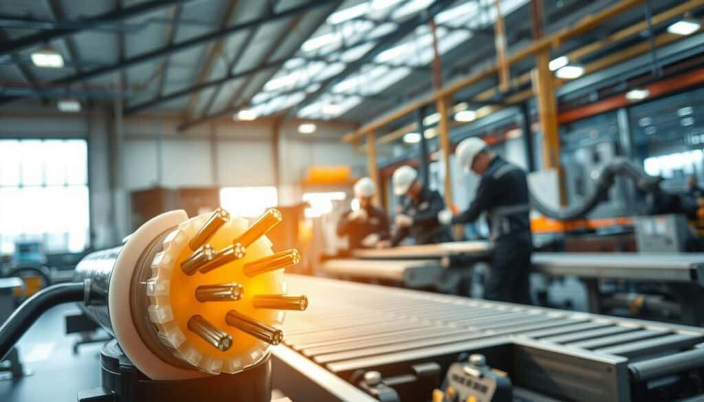 A detailed industrial scene showcasing CABO AFD in action. In the foreground, a close-up view of the CABO AFD, highlighting its robust insulation and multiple conductors, glinting under bright workshop lights. In the middle ground, technicians clad in professional attire work diligently on machinery, using tools, surrounded by industrial equipment like conveyor belts and control panels. The background features a spacious, well-lit factory environment with large windows letting in natural light, casting dynamic shadows. The atmosphere is industrious and focused, with a slightly cool color palette emphasizing the technological setting. The overall composition should evoke a sense of innovation and functionality, with no text or branding present. A detailed industrial scene showcasing CABO AFD in action. In the foreground, a close-up view of the CABO AFD, highlighting its robust insulation and multiple conductors, glinting under bright workshop lights. In the middle ground, technicians clad in professional attire work diligently on machinery, using tools, surrounded by industrial equipment like conveyor belts and control panels. The background features a spacious, well-lit factory environment with large windows letting in natural light, casting dynamic shadows. The atmosphere is industrious and focused, with a slightly cool color palette emphasizing the technological setting. The overall composition should evoke a sense of innovation and functionality, with no text or branding present.