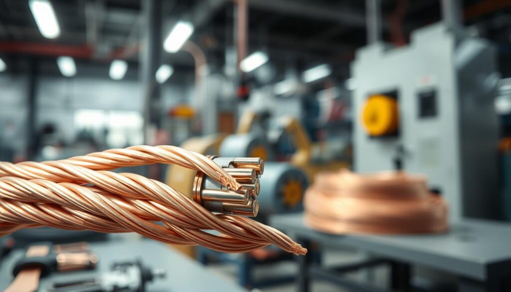 A close-up image of bare copper wire, showcasing its twisted strands and metallic sheen, with the focus on the texture and intricate details of the wire. In the foreground, the copper wire glistens under soft, natural daylight, casting subtle shadows that emphasize its contours. The middle ground features a professional setting, featuring tools and materials typically used in electrical work, like wire cutters and spools. In the background, a blurred factory or industrial workspace adds context, hinting at the production of copper cables. The overall mood is informative and professional, highlighting the quality and significance of bare copper wire in modern applications. The composition is framed with a slight angle, creating a dynamic perspective that draws the viewer's attention to the wire's surface.