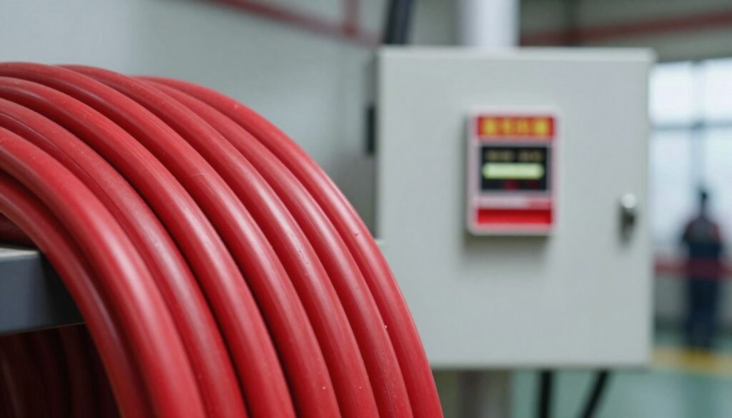 A high-quality fire alarm cable displayed prominently in the foreground, showcasing its durable insulation and bright red color. The texture of the cable should be sharp, highlighting its thick gauge and multiple strands. In the middle ground, a fire alarm control panel is subtly visible, enhancing context, while in the background, a blurred industrial setting suggests a commercial environment. The lighting is bright and even, simulating natural daylight, with a slight focus gradient that keeps the cable in clear detail. The overall mood is professional and educational, emphasizing the importance of fire safety. The image is crisp and free of distractions, capturing the essence of quality materials used in fire alarm systems.