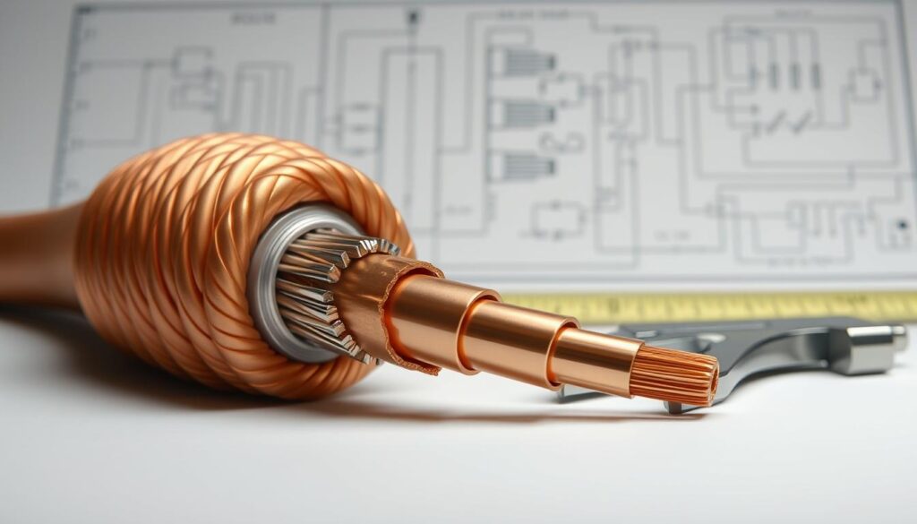 An illustration of a copper grounding cable for electrical sizing, prominently featured in the foreground. The cable should appear thick and robust, with intricate details showing its metallic texture and color. In the middle ground, a measuring tape and calipers are placed beside the cable to indicate measurement and sizing. The background features a subtle electrical schematic diagram, suggesting a professional environment. The lighting is soft yet focused, highlighting the cable's surface, creating a sense of depth. The angle should be slightly above eye level, emphasizing the cable’s diameter and flexibility. The overall mood is technical and informative, ideal for an educational context. The image should be clean and professional, with no text or watermarks.