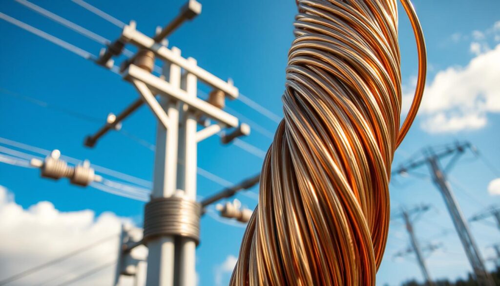 A close-up view of bare copper wire used in aerial power lines and grounding systems, showcasing the intricate details of the copper strands glinting in the sunlight. The foreground features a thick, twisted bundle of copper wire, with a focus on the metallic sheen and texture. In the middle ground, metallic insulators and support poles can be seen, providing a context of energy transmission. The background features a clear blue sky with subtle clouds, enhancing the natural elements of the scene. The lighting is bright and dynamic, highlighting the copper's warm tones while casting soft shadows. The overall atmosphere is one of industrial efficiency and technical precision, showcasing the application of bare copper cables in electrical infrastructure.