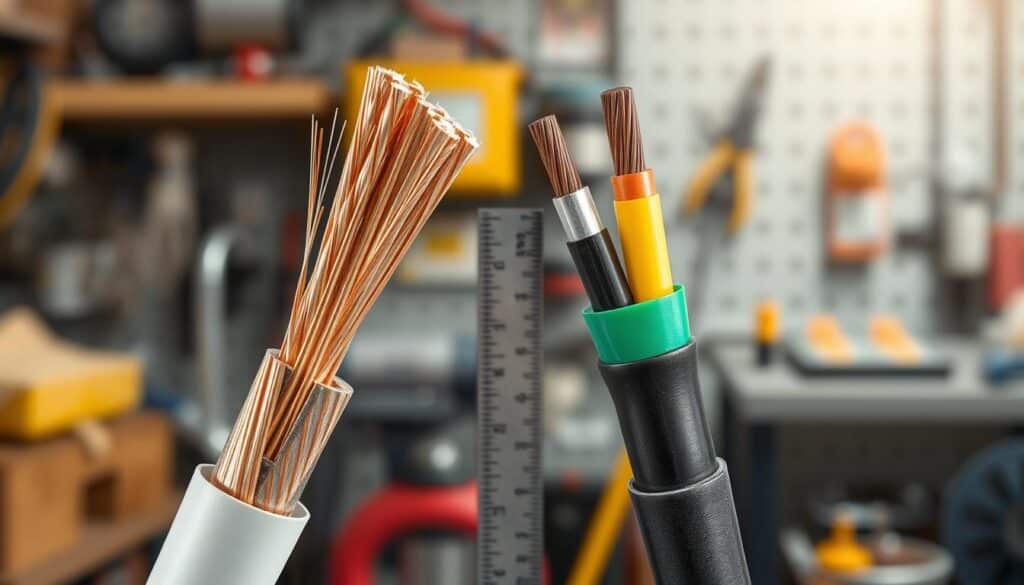 A detailed and informative illustration showcasing the differences between bare copper wire and insulated copper wire. In the foreground, display a close-up view of both types of wires: on one side, the shiny, exposed copper strands glistening under soft, white lighting; on the other side, a vibrant, insulated wire in a protective casing, highlighting the contrasting colors of the insulation. In the middle, place a ruler or measuring tape for scale and context. The background features a blurred workshop environment with tools and electrical components, creating a technical atmosphere. Use a slight depth of field to focus on the wires while softly fading the background, enhancing the subject's clarity and importance. The mood should be informative and professional, suitable for a technical article.