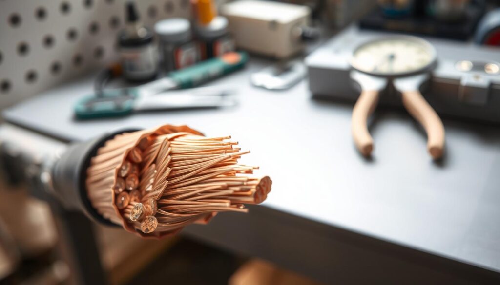 A detailed close-up image of a 50mm² bare copper wire, showcasing its shiny, metallic surface and intricate wire strands. The foreground should highlight the wire's texture, reflecting light perfectly, with a clear view of its cross-section to illustrate conductivity. In the background, a soft-focus workbench with tools such as wire cutters and measuring instruments subtly enhances the context. The lighting is bright and natural, creating a professional and clean atmosphere. The angle is slightly tilted to capture the depth of the wire while emphasizing its thickness. The setting should convey an industrial vibe, promoting a sense of professionalism and precision, suitable for educational purposes.