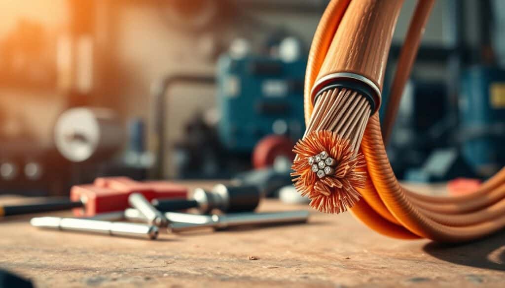 A highly detailed, close-up image of a bare copper cable measuring 50 mm², gracefully coiled on a workbench. The copper strands are shiny and well-defined, showcasing their metallic luster and intricate texture. In the foreground, zoom in on the sections of the cable to highlight its thickness and strands. The middle ground features a soft-focus toolbox and tools, with warm, natural lighting casting gentle reflections on the copper surface. In the background, a blurred industrial environment conveys a workshop atmosphere, with hints of machinery and electrical components. The overall mood is professional and informative, emphasizing the significance of the copper cable's attributes for calculating its price per meter.